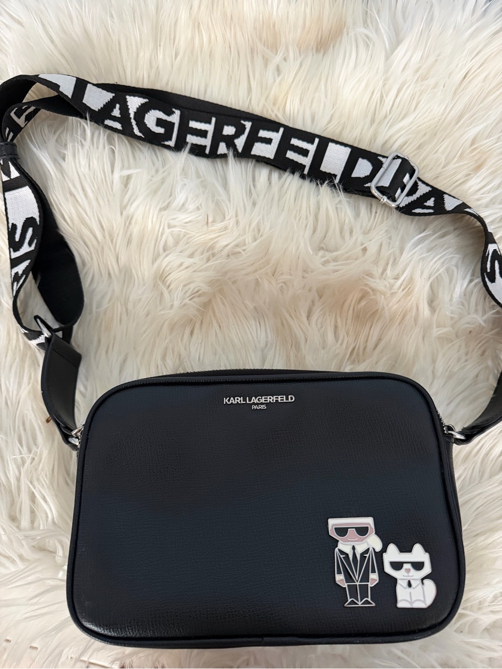 Karl Lagerfeld Black Leather Messenger Bag with Black & White Logo Strap